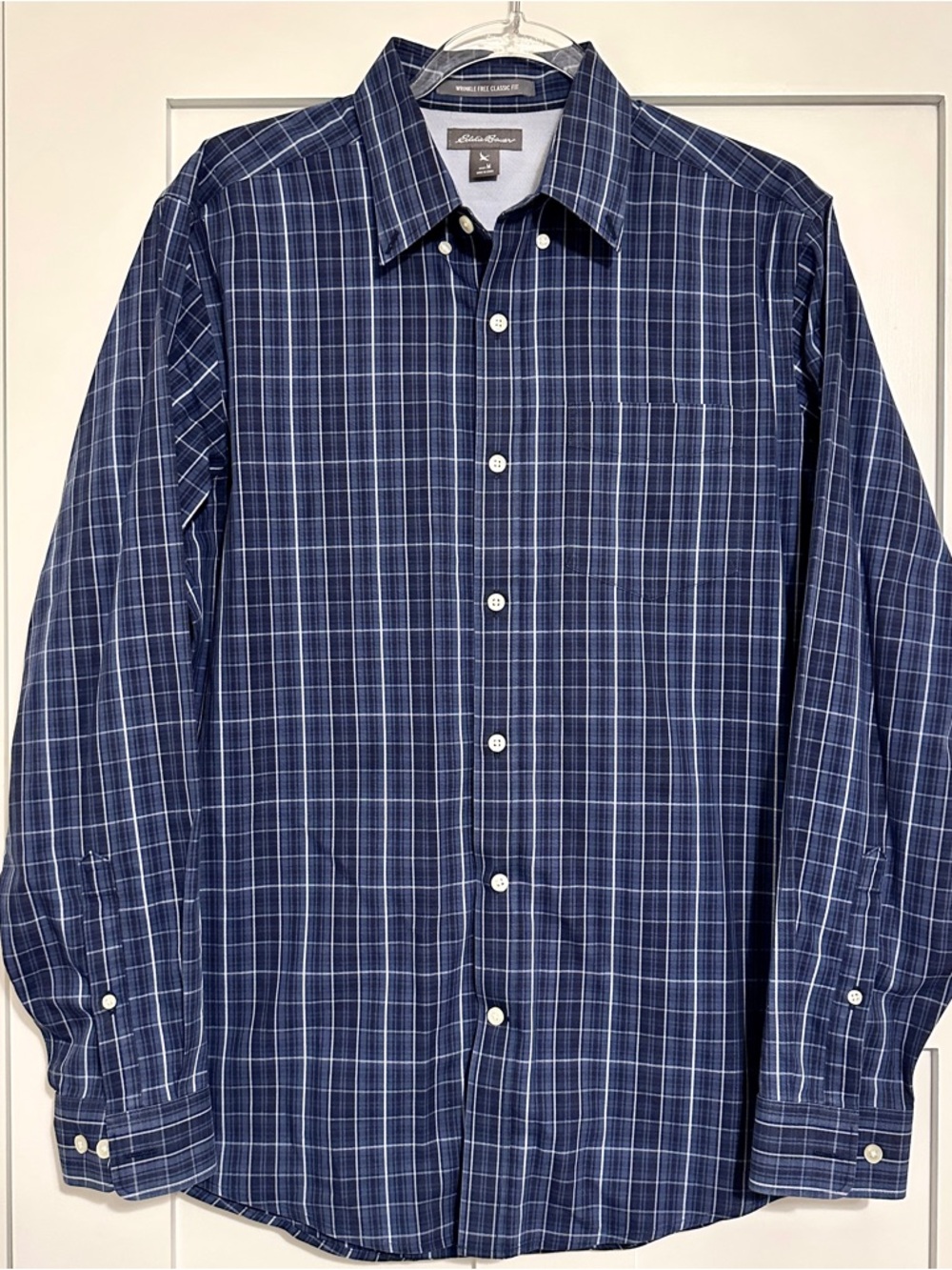 Eddie Bauer Men’s Dark Blue Wrinkle Free Classic Fit Plaid Button-Up Dress Shirt